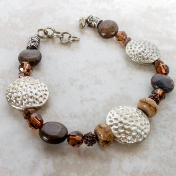 Boho Brown Beaded Bracelet w/ Hammered Silver Tone Discs Adjustable - Picture 2 of 5